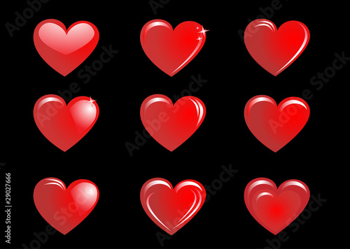 Red hearts on a black background, collection