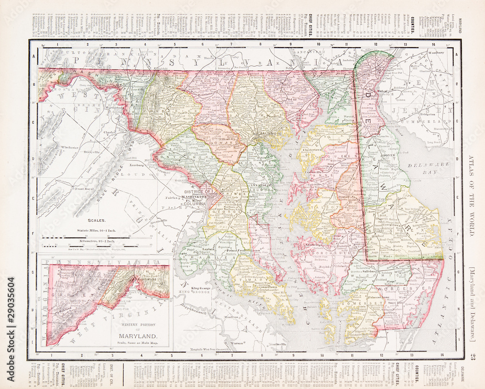 Antique Vintage Color Map of Maryland and Delaware, USA