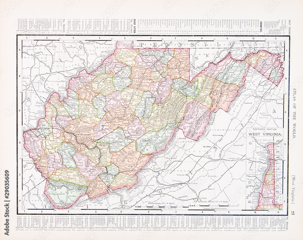 Antique Vintage Color Map of West Virginia, WV United Sates USA