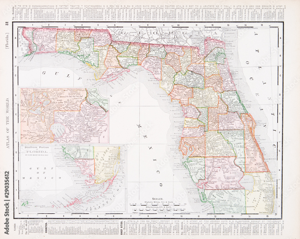 Obraz premium Antyczna mapa kolorów Vintage na Florydzie, Floryda, Stany Zjednoczone, USA