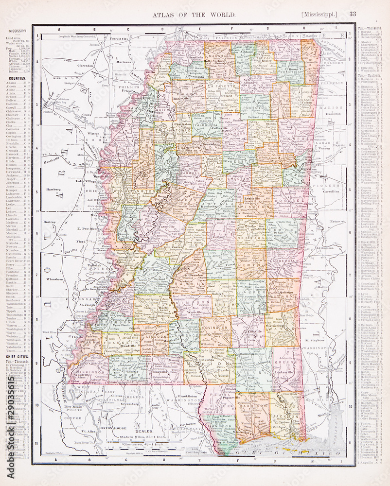 Fototapeta premium Antique Vintage Color Map of Mississippi, MS, United States, USA
