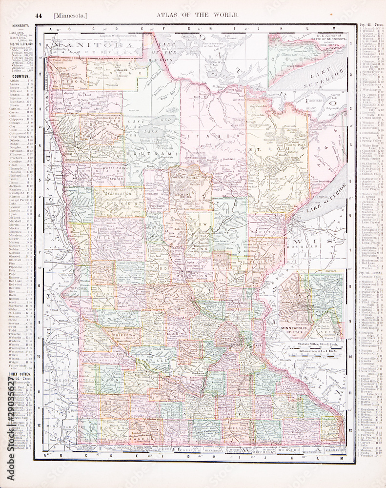 Antique Vintage Color Map of Minnesota, MN, United States, USA