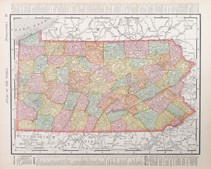Antique Vintage Color Map of Pennsylvania, PA United State USA
