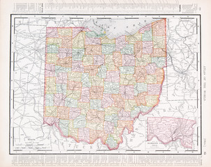 Antique Vintage Color Map of Ohio, OH, United States USA