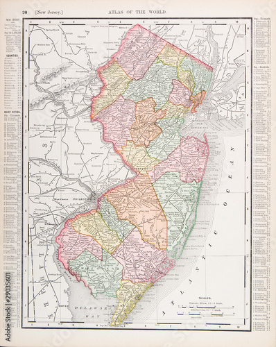 Antique Vintage Color Map of New Jersey, United States, USA