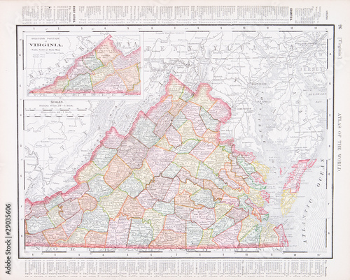Antique Vintage Color Map of Virginia, VA, United States, USA