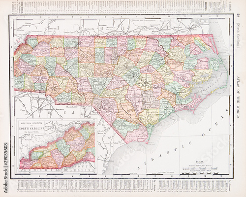 Antique Vintage Color Map of North Carolina NC United States USA