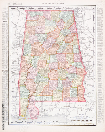 Antique Vintage Color Map of Alabama, AL, United States, USA