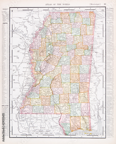 Cuadro en lienzo Antique Vintage Color Map of Mississippi, MS, United States, USA