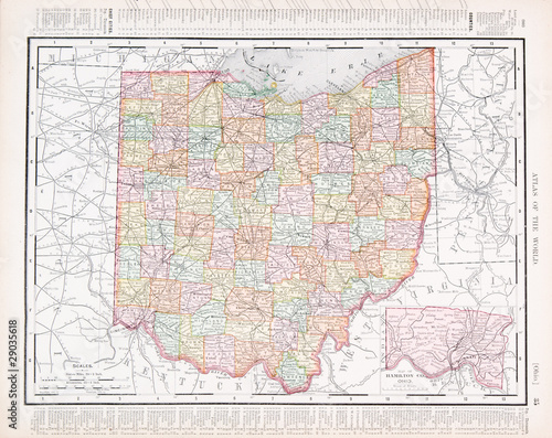 Antique Vintage Color Map of Ohio, OH, United States USA