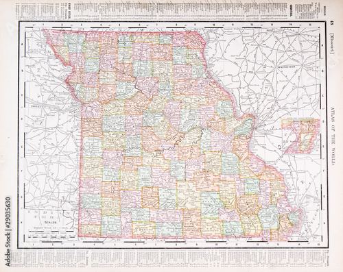 Antique Vintage Color Map of Missouri, MO, United States, USA