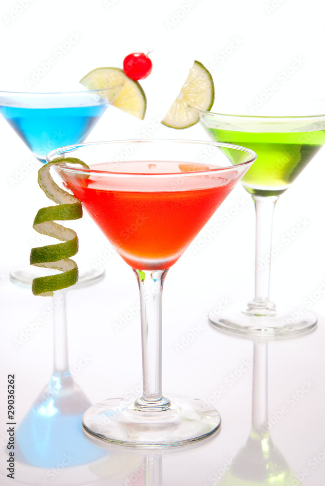 Colorful Cosmopolitan cocktails in martini glass