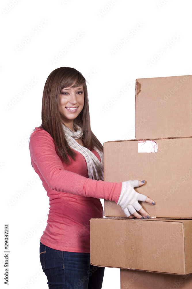 young girl packing up and moving - isolated young girl packing up and moving - isolated