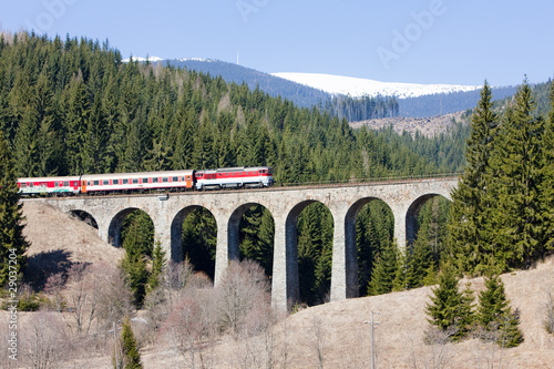 passenger train on railway viaduct near Telgart, Slovakia
