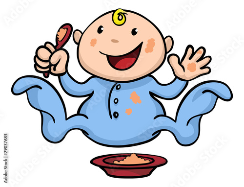 Happy cute weaning baby playing with food