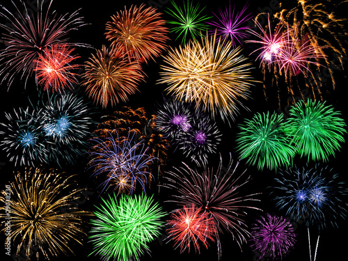 Collage of Multicolored Fireworks Against a Black Sky