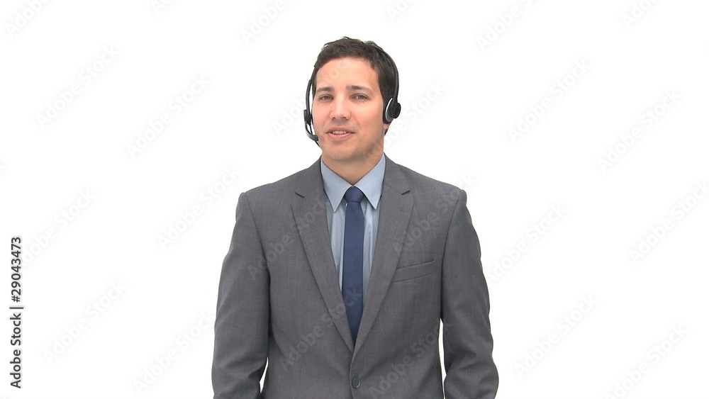 Joyful man talking with headphones Joyful man talking with headphones