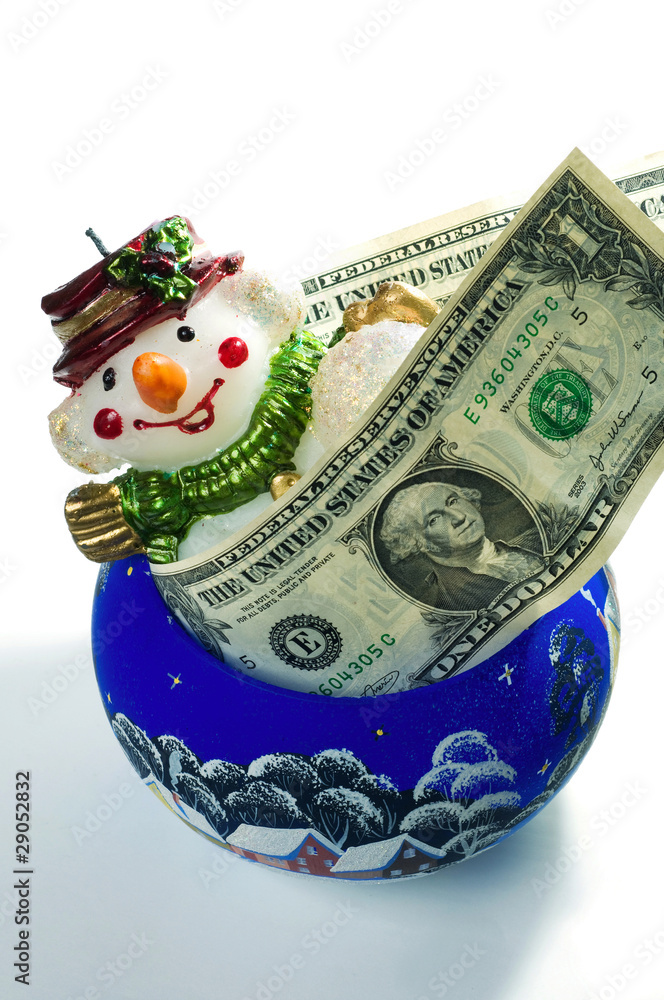 Christmas toy snowman with dollars