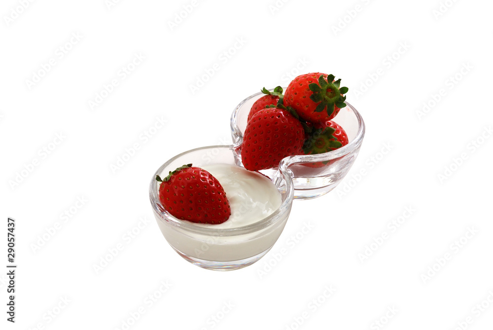 Strawberries with cream in double glass bowl isolated on white Strawberries with cream in double glass bowl isolated on white