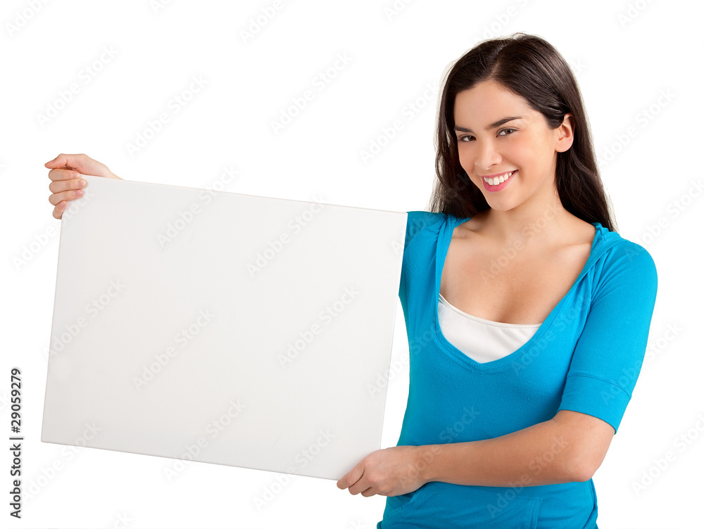 Young Woman Holding a Blank White Sign Young Woman Holding a Blank White Sign