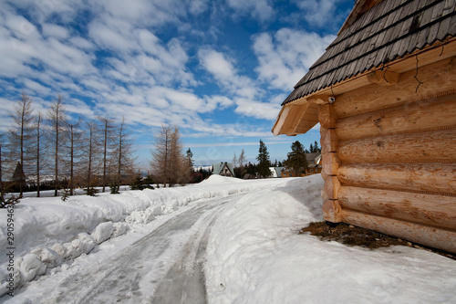traditional polish hut in zakopane during winter season