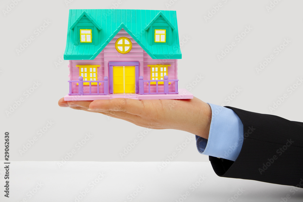 Businessman's hand holding a House Businessman's hand holding a House