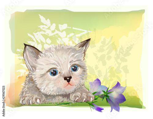 hand drawn portrait of the fluffy kitten  with bluebell