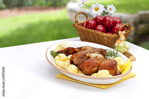 Canvas Print easter decorated table with lamb and potatos plate