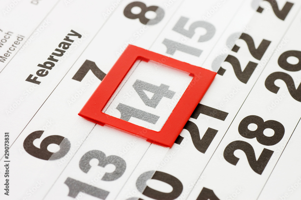 Sheet of wall calendar with red mark on 14 February - Valentines Sheet of wall calendar with red mark on 14 February - Valentines