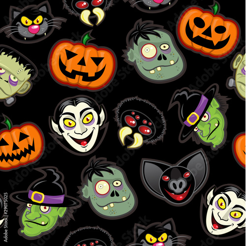 Halloween Characters vector pattern in black background