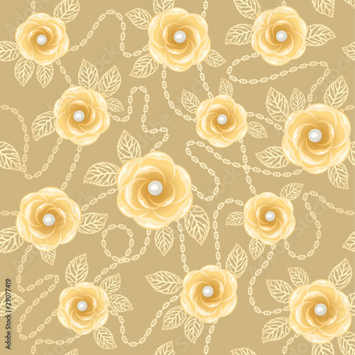 Vintage background with yellow roses, gold chains and perls