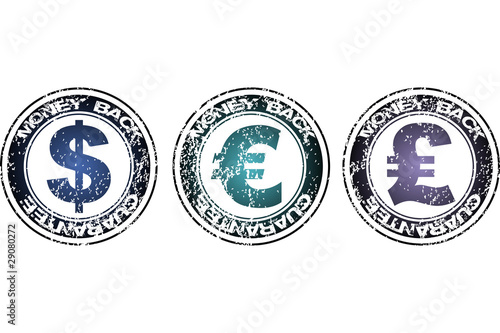 Stamps with Money back guarantee with dollar, euro and pound