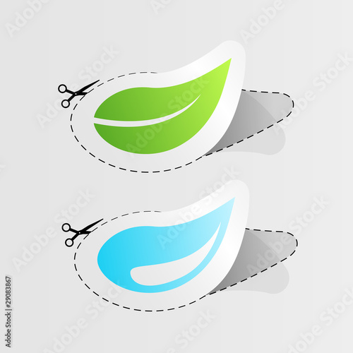 Set of two sticker with water drop and leaf.