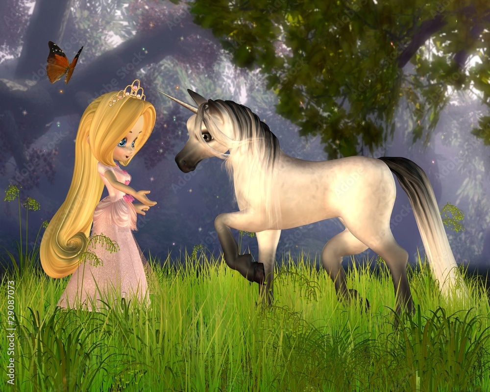 Cute Toon Fairytale Princess and Unicorn - obrazy, fototapety, plakaty 