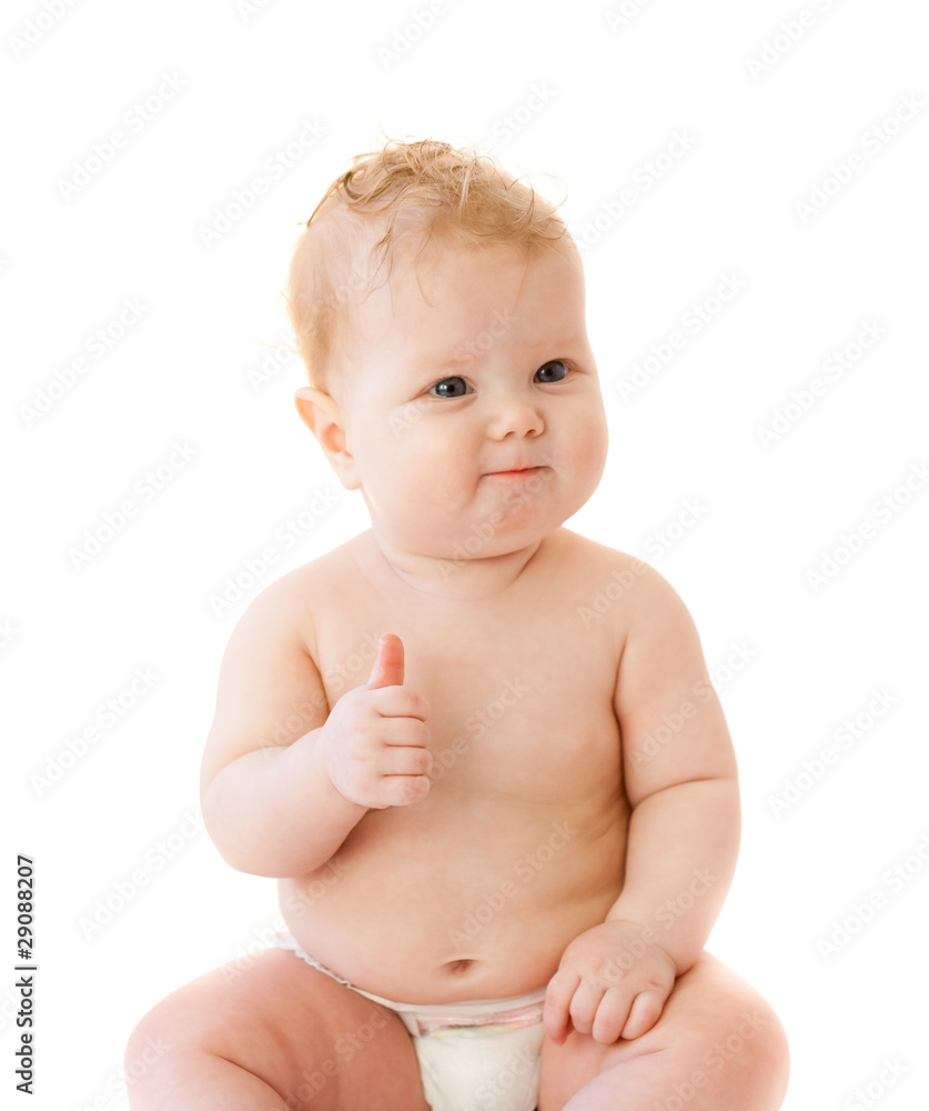 Satisfied baby thumbs up her finger isolated Satisfied baby thumbs up her finger isolated
