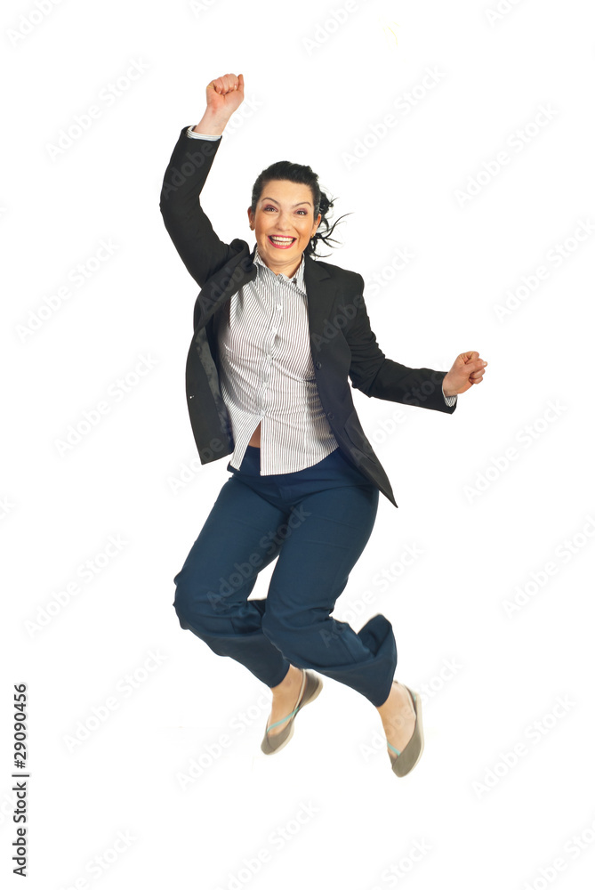 Successful business woman jumping Successful business woman jumping