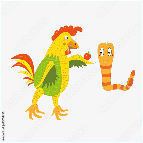 The cock feeds a worm with an apple.