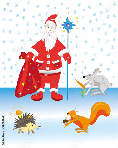 Santa Claus distributes gifts to animals.