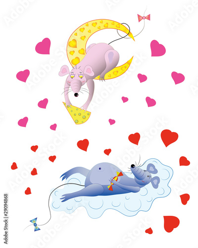 Two in love mice feed each other.