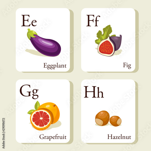 Fruits and vegetables  alphabet cards , illustration, part 2of 7