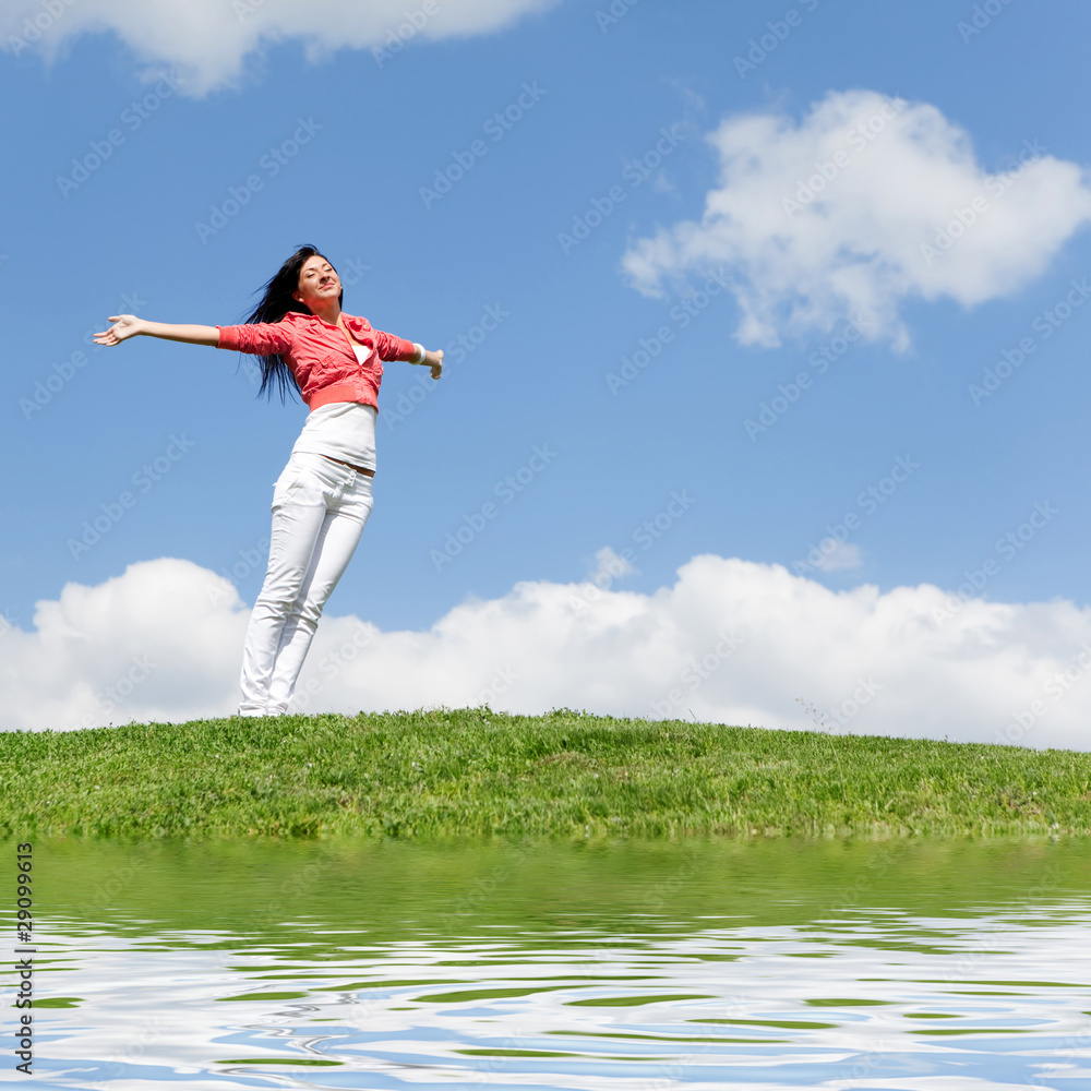 happy young woman dreams to fly on winds happy young woman dreams to fly on winds