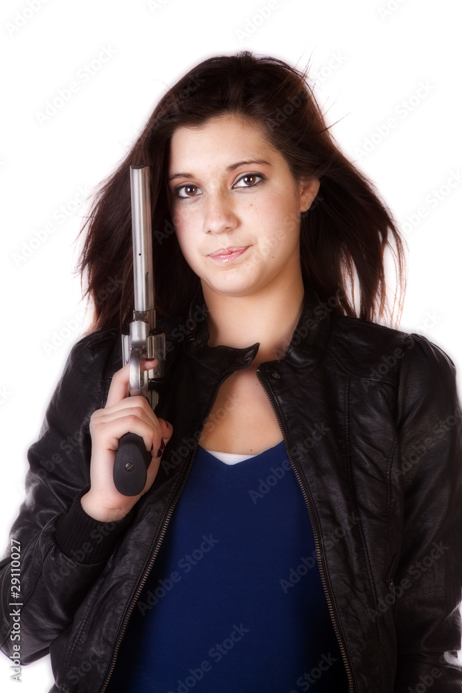 close up of woman with pistol close up of woman with pistol