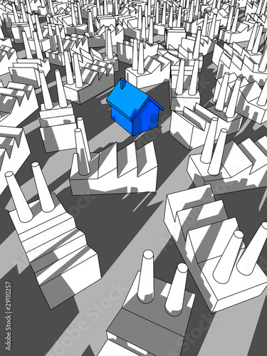 blue house surrounded by many factories