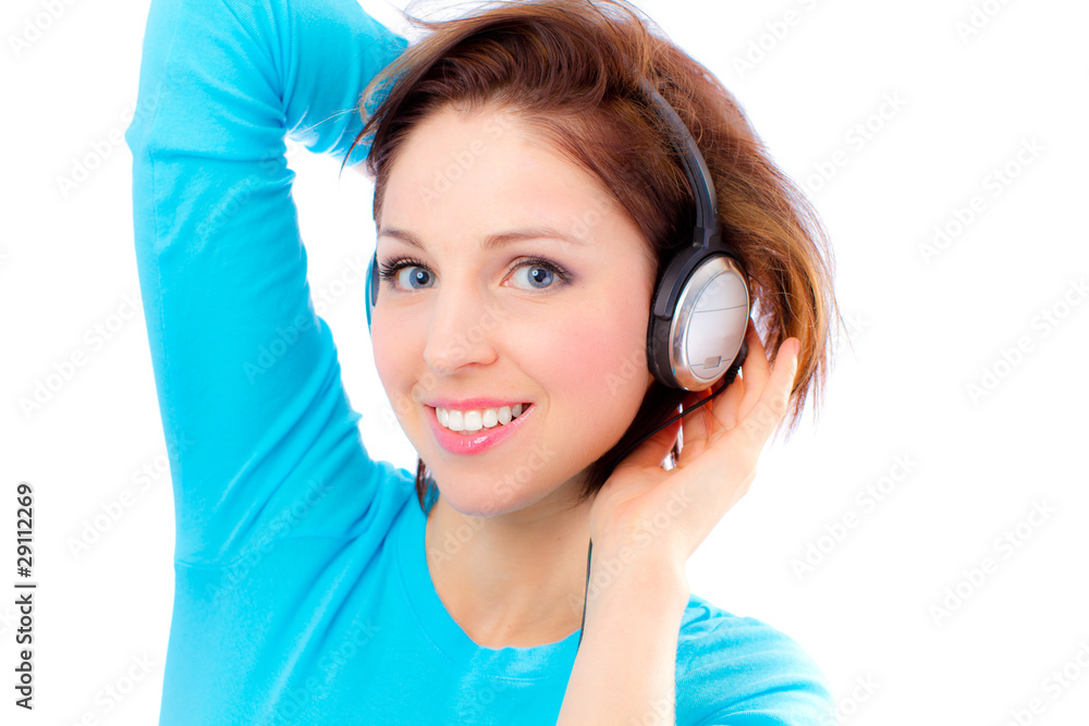 Naklejka premium Adorable girl with headphones