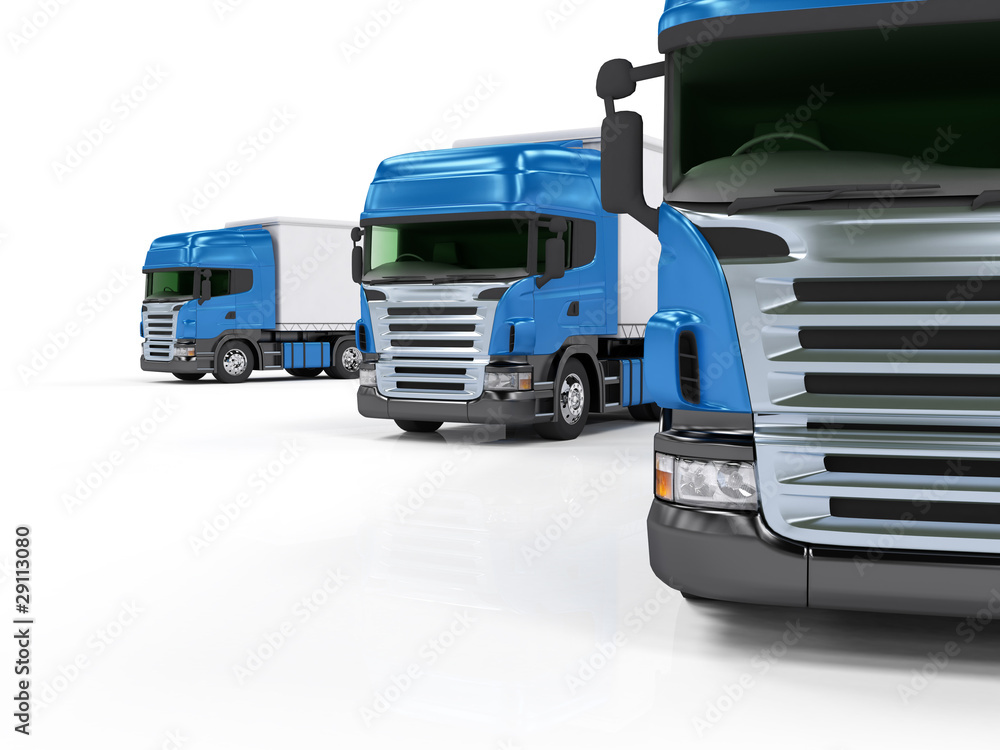 Fototapeta premium Heavy blue trucks presentation isolated on white background