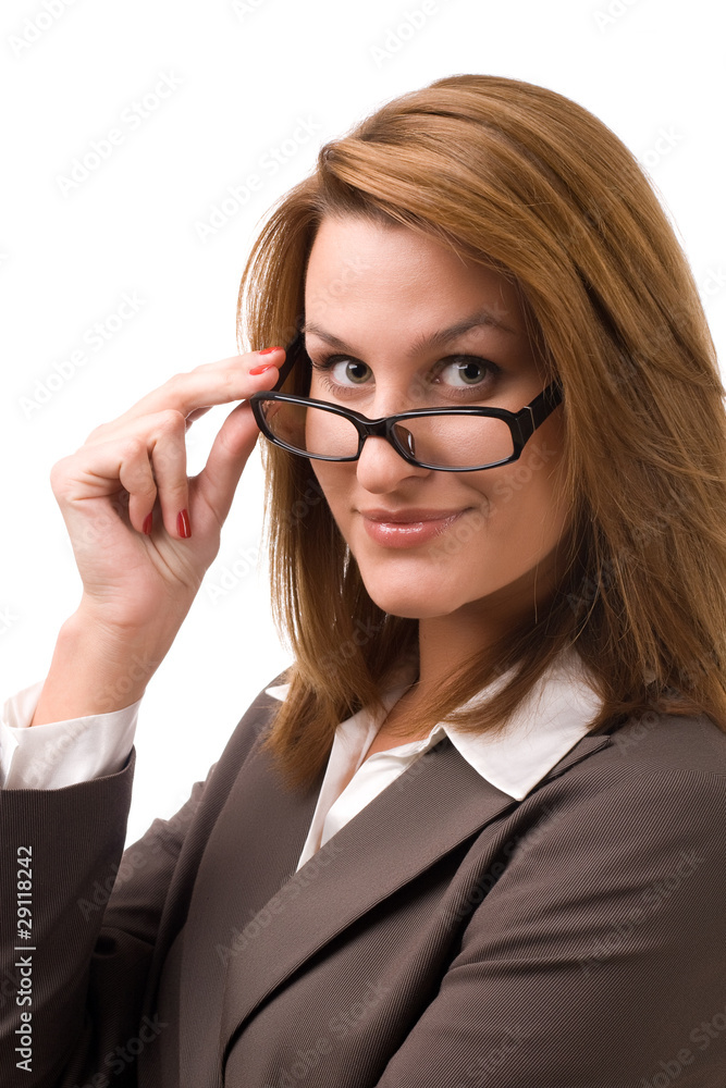 Business woman holding glasses and looking at you Business woman holding glasses and looking at you