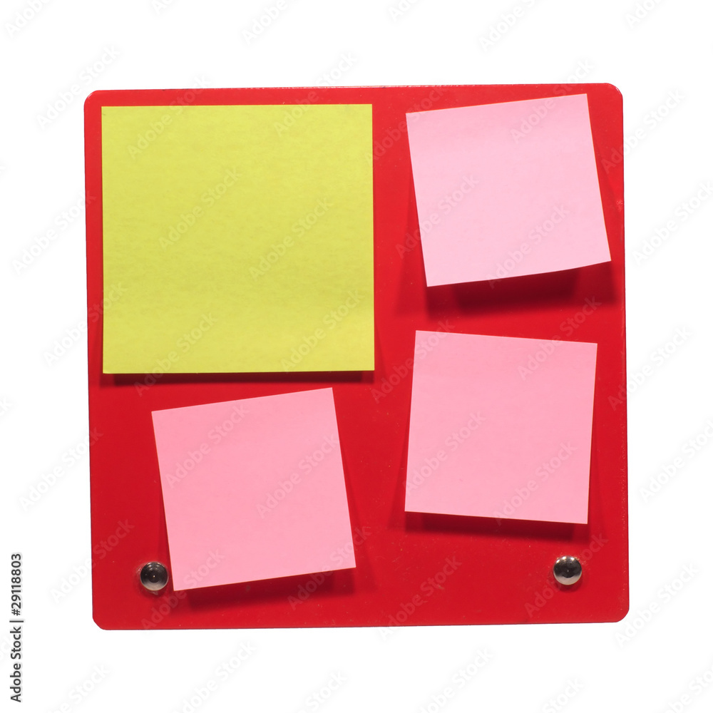 Many small office posts on red board close-up Many small office posts on red board close-up