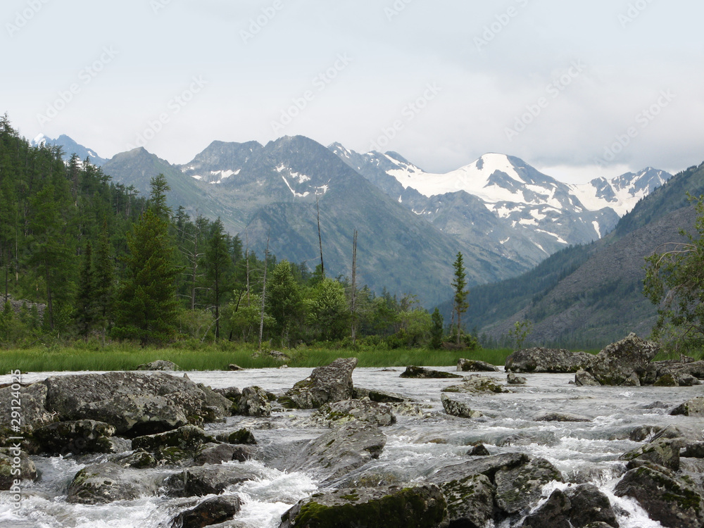 Altai Mountains. Waterfall Noises and glaciers. Multinsky Lake