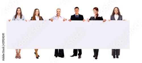 group of business people holding a banner ad isolated