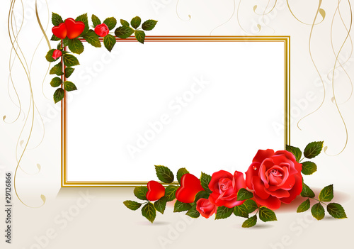 beige background with hearts and red roses